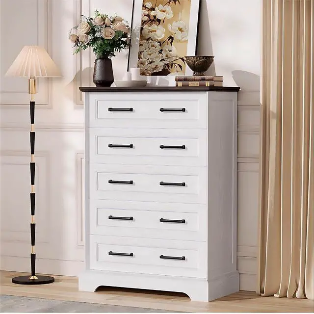 Alt view image 7 of 7 - Farmhouse Dresser for Bedroom, 5 Drawers Dresser, Wood Chest of Drawers, 31.5" Wide Storage Dressers Organizer for Bedroom, Living Room (White and Brown)
