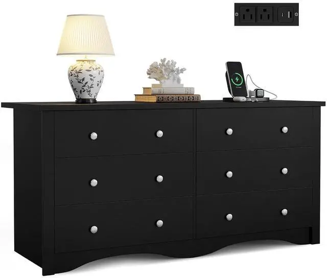 Main image of Dresser for Bedroom with Power Outlet, 6 Wood Dresser, Chest of Drawers, for TV up to 65 inch, TV Stand Storage Chest of Drawers for Hallway Entryway (Black)