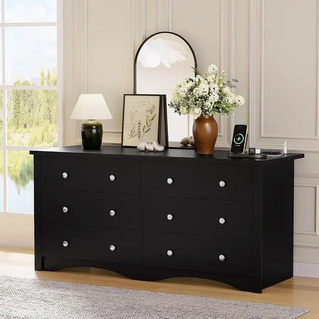 Alt view image 2 of 7 - Dresser for Bedroom with Power Outlet, 6 Wood Dresser, Chest of Drawers, for TV up to 65 inch, TV Stand Storage Chest of Drawers for Hallway Entryway (Black)