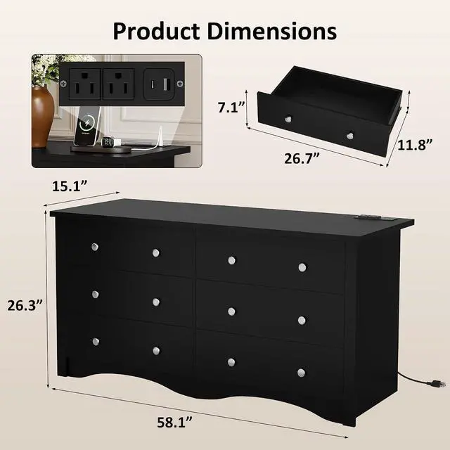 Alt view image 3 of 7 - Dresser for Bedroom with Power Outlet, 6 Wood Dresser, Chest of Drawers, for TV up to 65 inch, TV Stand Storage Chest of Drawers for Hallway Entryway (Black)