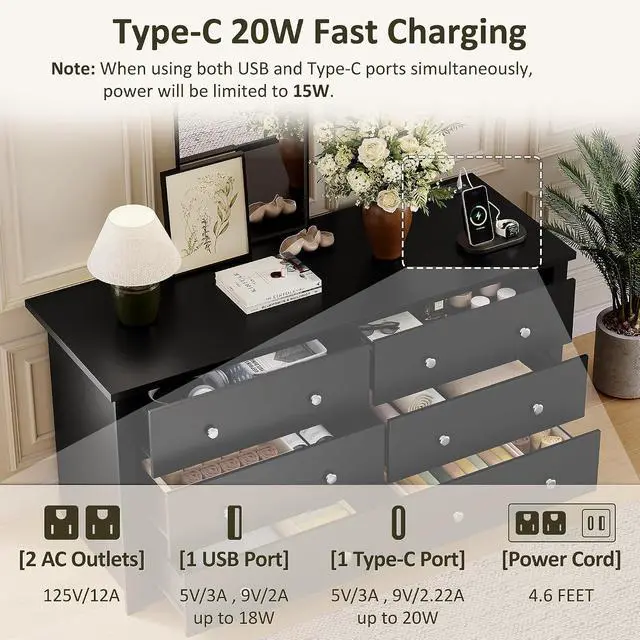 Alt view image 4 of 7 - Dresser for Bedroom with Power Outlet, 6 Wood Dresser, Chest of Drawers, for TV up to 65 inch, TV Stand Storage Chest of Drawers for Hallway Entryway (Black)