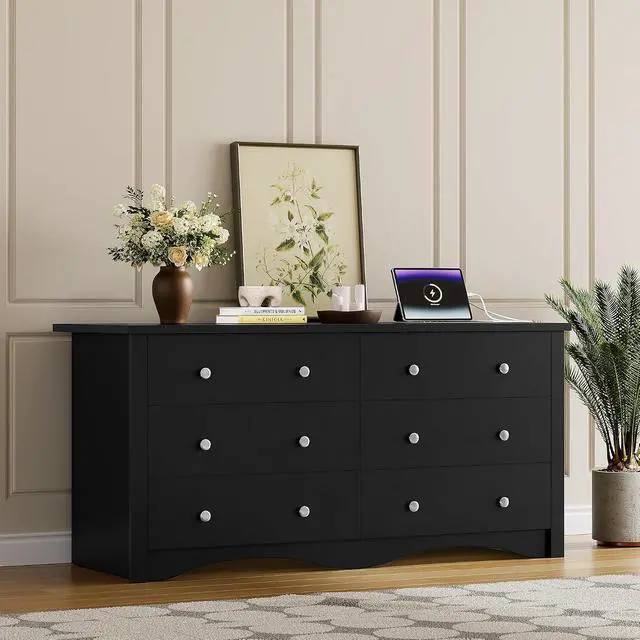 Alt view image 6 of 7 - Dresser for Bedroom with Power Outlet, 6 Wood Dresser, Chest of Drawers, for TV up to 65 inch, TV Stand Storage Chest of Drawers for Hallway Entryway (Black)