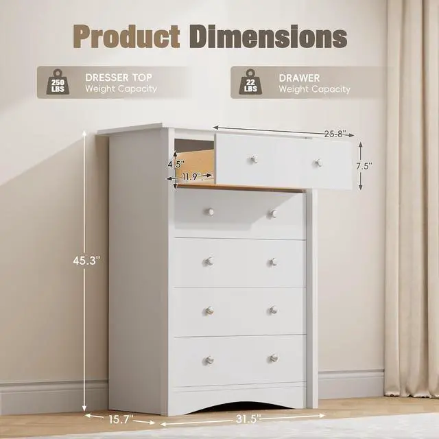 Alt view image 3 of 7 - Tall Dresser for Bedroom, 5 Drawer Dresser, Chest of Drawers, Organizer Drawers, for Hallway Entryway (White)