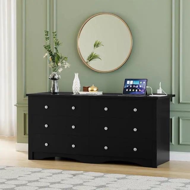 Alt view image 7 of 7 - Dresser for Bedroom with Power Outlet, 6 Wood Dresser, Chest of Drawers, for TV up to 65 inch, TV Stand Storage Chest of Drawers for Hallway Entryway (Black)