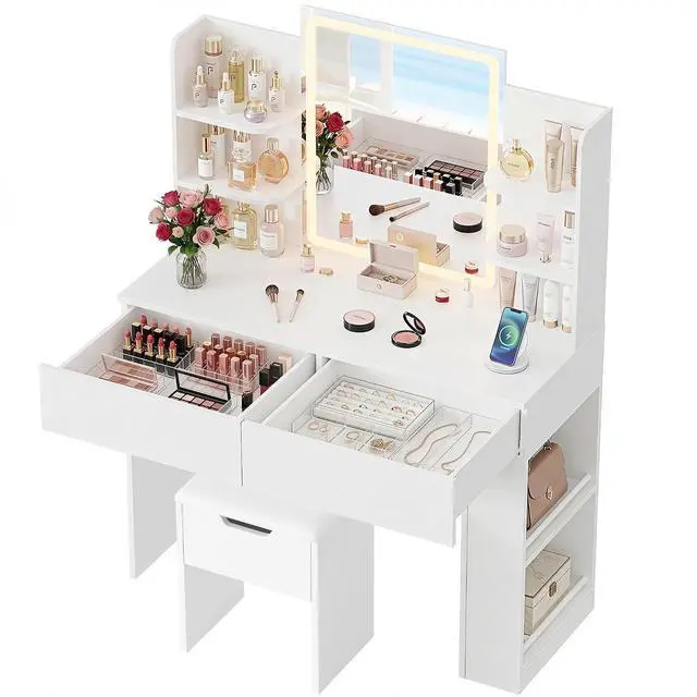 Main image of Vanity Desk with Mirror and LED Lights, Makeup Vanity Table with 3 Lighting Color, Adjustable Brightness, Vanity Table with 2 Drawers, Side Storage, for Bedroom (White, with Bench)