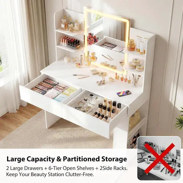 Alt view image 3 of 7 - Vanity Desk with Mirror and LED Lights, Makeup Vanity Table with 3 Lighting Color, Adjustable Brightness, Vanity Table with 2 Drawers, Side Storage, for Bedroom (White, with Bench)