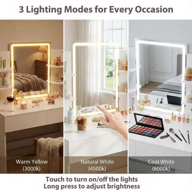 Alt view image 4 of 7 - Vanity Desk with Mirror and LED Lights, Makeup Vanity Table with 3 Lighting Color, Adjustable Brightness, Vanity Table with 2 Drawers, Side Storage, for Bedroom (White, with Bench)