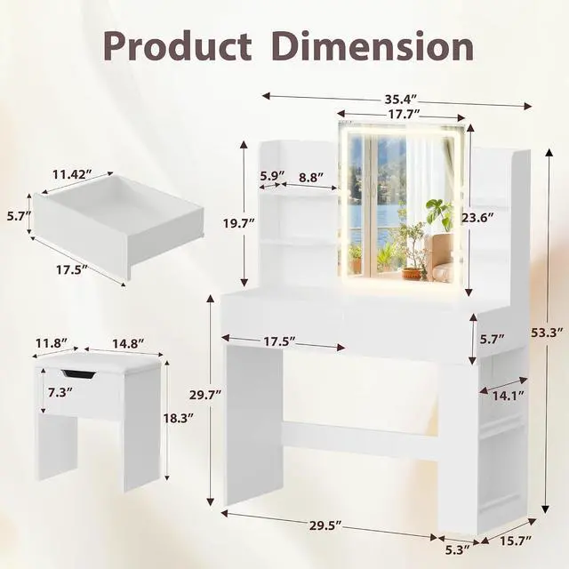 Alt view image 7 of 7 - Vanity Desk with Mirror and LED Lights, Makeup Vanity Table with 3 Lighting Color, Adjustable Brightness, Vanity Table with 2 Drawers, Side Storage, for Bedroom (White, with Bench)