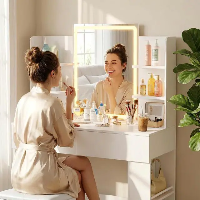 Alt view image 5 of 7 - Vanity Desk with Mirror and LED Lights, Makeup Vanity Table with 3 Lighting Color, Adjustable Brightness, Vanity Table with 2 Drawers, Side Storage, for Bedroom (White, with Bench)