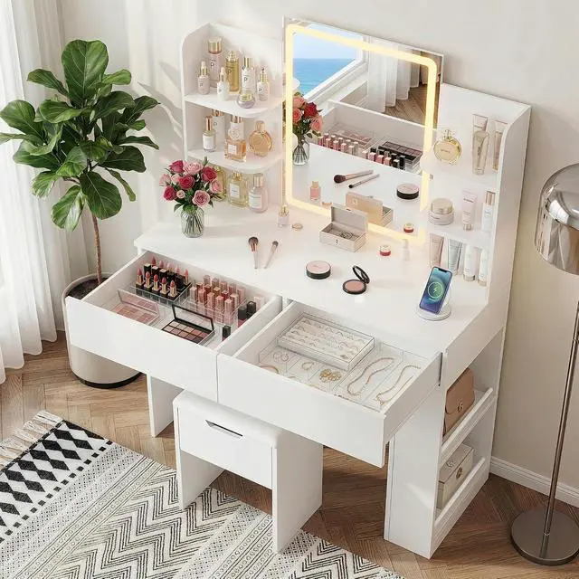 Alt view image 2 of 7 - Vanity Desk with Mirror and LED Lights, Makeup Vanity Table with 3 Lighting Color, Adjustable Brightness, Vanity Table with 2 Drawers, Side Storage, for Bedroom (White, with Bench)