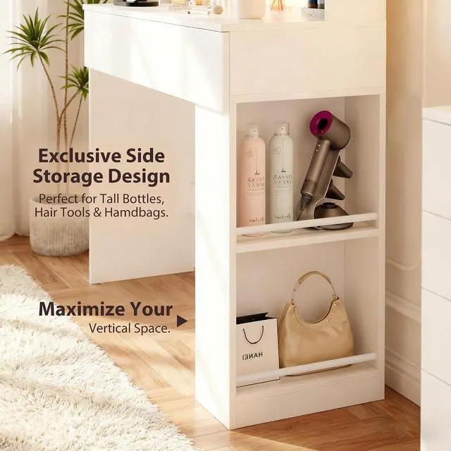 Alt view image 6 of 7 - Vanity Desk with Mirror and LED Lights, Makeup Vanity Table with 3 Lighting Color, Adjustable Brightness, Vanity Table with 2 Drawers, Side Storage, for Bedroom (White, with Bench)