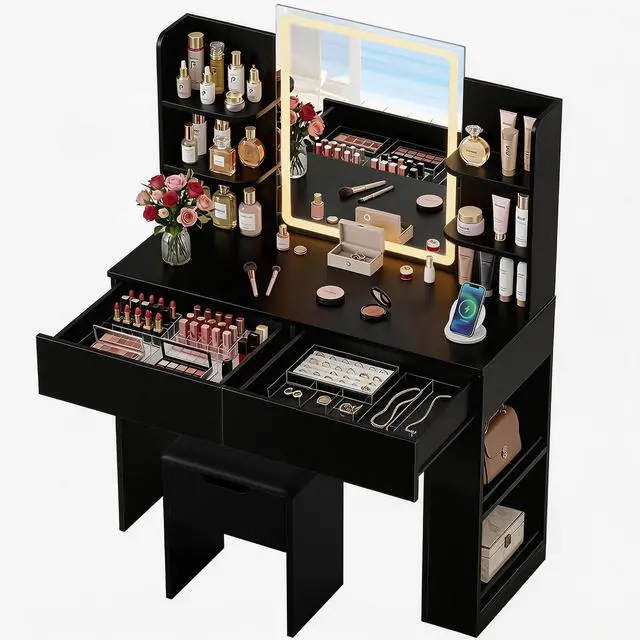 Main image of Vanity Desk with Mirror and LED Lights, Makeup Vanity Table with 3 Lighting Color, Adjustable Brightness, Vanity Table with 2 Drawers, Side Storage, for Bedroom (Black, with Bench)