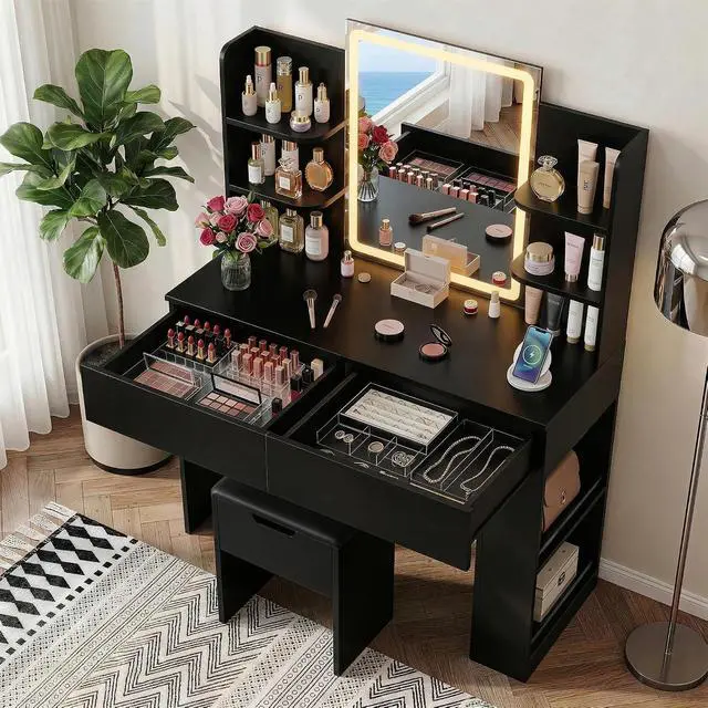 Alt view image 2 of 7 - Vanity Desk with Mirror and LED Lights, Makeup Vanity Table with 3 Lighting Color, Adjustable Brightness, Vanity Table with 2 Drawers, Side Storage, for Bedroom (Black, with Bench)