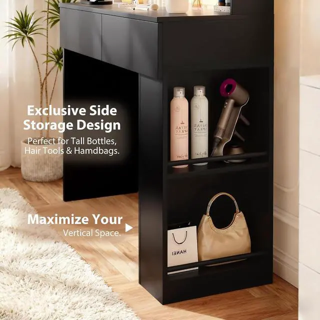 Alt view image 6 of 7 - Vanity Desk with Mirror and LED Lights, Makeup Vanity Table with 3 Lighting Color, Adjustable Brightness, Vanity Table with 2 Drawers, Side Storage, for Bedroom (Black, with Bench)