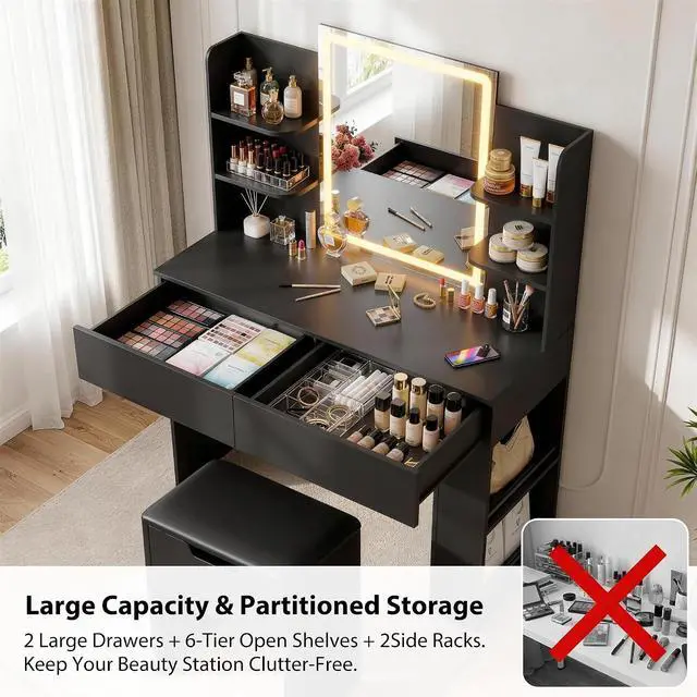 Alt view image 7 of 7 - Vanity Desk with Mirror and LED Lights, Makeup Vanity Table with 3 Lighting Color, Adjustable Brightness, Vanity Table with 2 Drawers, Side Storage, for Bedroom (Black, with Bench)