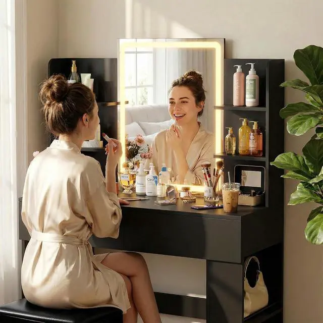Alt view image 5 of 7 - Vanity Desk with Mirror and LED Lights, Makeup Vanity Table with 3 Lighting Color, Adjustable Brightness, Vanity Table with 2 Drawers, Side Storage, for Bedroom (Black, with Bench)