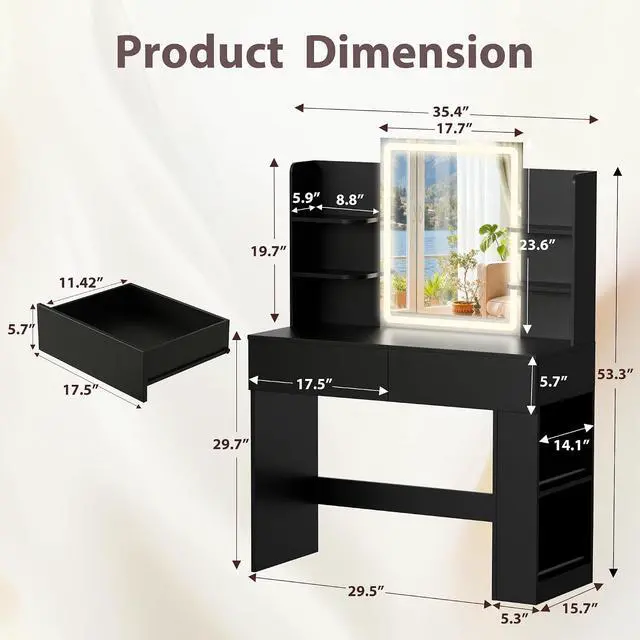 Alt view image 6 of 7 - Vanity Desk with Mirror and LED Lights, Makeup Vanity Table with 3 Lighting Color, Adjustable Brightness, Vanity Table with 2 Drawers, Side Storage, for Bedroom (Black, No Bench)
