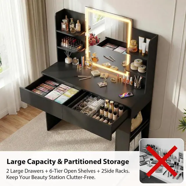 Alt view image 4 of 7 - Vanity Desk with Mirror and LED Lights, Makeup Vanity Table with 3 Lighting Color, Adjustable Brightness, Vanity Table with 2 Drawers, Side Storage, for Bedroom (Black, No Bench)