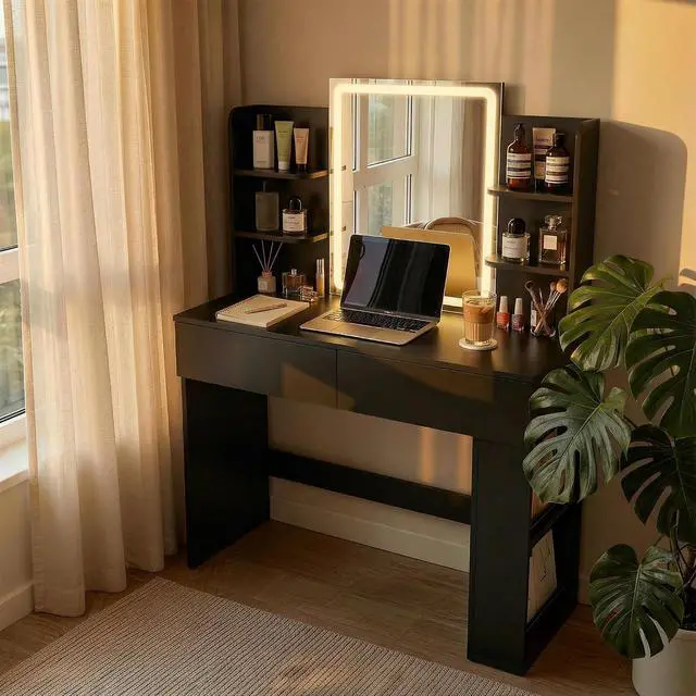 Alt view image 7 of 7 - Vanity Desk with Mirror and LED Lights, Makeup Vanity Table with 3 Lighting Color, Adjustable Brightness, Vanity Table with 2 Drawers, Side Storage, for Bedroom (Black, No Bench)