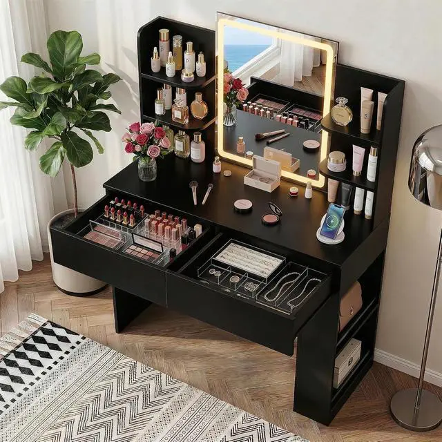 Alt view image 2 of 7 - Vanity Desk with Mirror and LED Lights, Makeup Vanity Table with 3 Lighting Color, Adjustable Brightness, Vanity Table with 2 Drawers, Side Storage, for Bedroom (Black, No Bench)