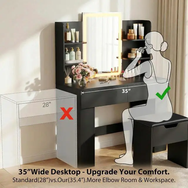 Alt view image 3 of 7 - Vanity Desk with Mirror and LED Lights, Makeup Vanity Table with 3 Lighting Color, Adjustable Brightness, Vanity Table with 2 Drawers, Side Storage, for Bedroom (Black, with Bench)