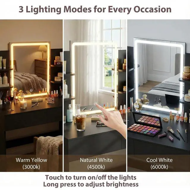 Alt view image 4 of 7 - Vanity Desk with Mirror and LED Lights, Makeup Vanity Table with 3 Lighting Color, Adjustable Brightness, Vanity Table with 2 Drawers, Side Storage, for Bedroom (Black, with Bench)