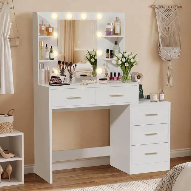 Main image of Makeup Vanity Desk with Mirror and Power Outlet, Vanity with 3 Color Light Options Adjustable Brightness, Vanity Table with 5 Drawers, 6 Storage Shelves, Nightstands (White)