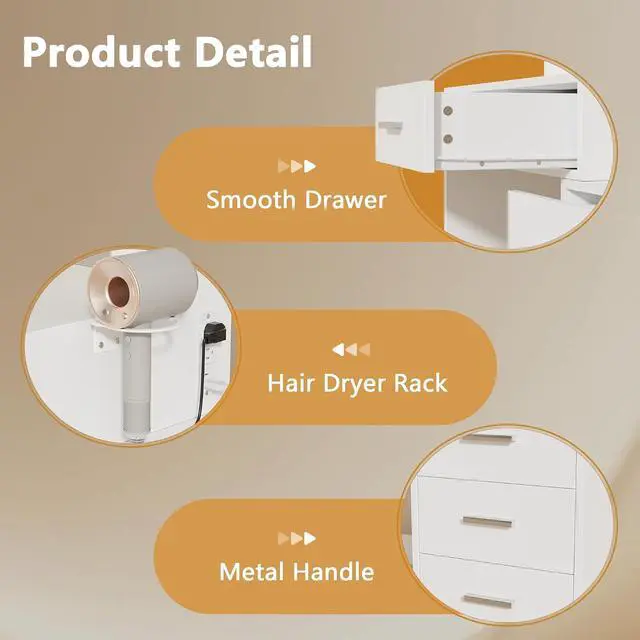 Alt view image 4 of 7 - Makeup Vanity Desk with Mirror and Power Outlet, Vanity with 3 Color Light Options Adjustable Brightness, Vanity Table with 5 Drawers, 6 Storage Shelves, Nightstands (White)