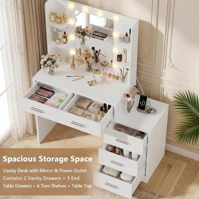 Alt view image 2 of 7 - Makeup Vanity Desk with Mirror and Power Outlet, Vanity with 3 Color Light Options Adjustable Brightness, Vanity Table with 5 Drawers, 6 Storage Shelves, Nightstands (White)