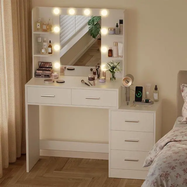 Alt view image 3 of 7 - Makeup Vanity Desk with Mirror and Power Outlet, Vanity with 3 Color Light Options Adjustable Brightness, Vanity Table with 5 Drawers, 6 Storage Shelves, Nightstands (White)