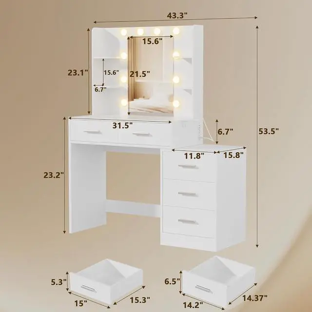 Alt view image 7 of 7 - Makeup Vanity Desk with Mirror and Power Outlet, Vanity with 3 Color Light Options Adjustable Brightness, Vanity Table with 5 Drawers, 6 Storage Shelves, Nightstands (White)