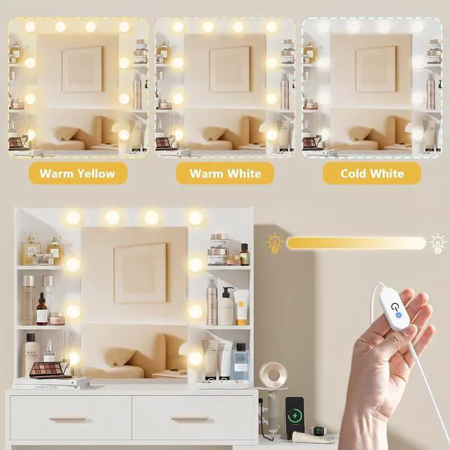 Alt view image 6 of 7 - Makeup Vanity Desk with Mirror and Power Outlet, Vanity with 3 Color Light Options Adjustable Brightness, Vanity Table with 5 Drawers, 6 Storage Shelves, Nightstands (White)