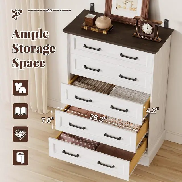 Alt view image 4 of 7 - Farmhouse Dresser for Bedroom, 5 Drawers Dresser, Wood Chest of Drawers, 31.5" Wide Storage Dressers Organizer for Bedroom, Living Room (White and Brown)