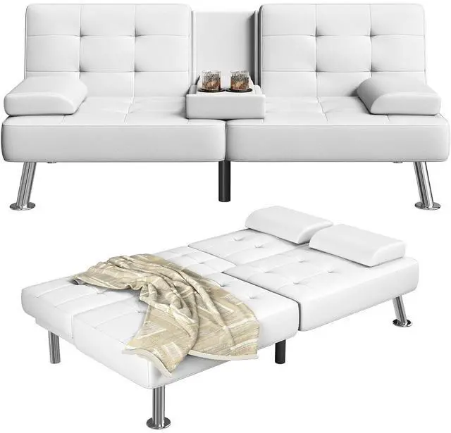 Main image of Futon Sofa Bed Adjustable Futon Couch Sleeper Sofa Bed for Living Room, Business Office, Recliner Sofas with Cup Holders (PU Leather, White)