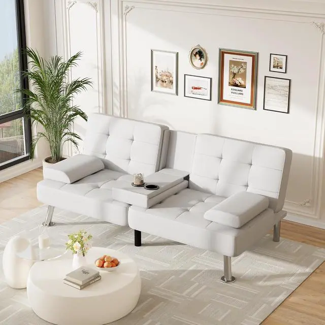 Alt view image 2 of 7 - Futon Sofa Bed Adjustable Futon Couch Sleeper Sofa Bed for Living Room, Business Office, Recliner Sofas with Cup Holders (PU Leather, White)