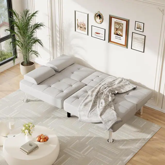 Alt view image 4 of 7 - Futon Sofa Bed Adjustable Futon Couch Sleeper Sofa Bed for Living Room, Business Office, Recliner Sofas with Cup Holders (PU Leather, White)