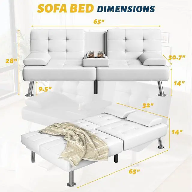 Alt view image 3 of 7 - Futon Sofa Bed Adjustable Futon Couch Sleeper Sofa Bed for Living Room, Business Office, Recliner Sofas with Cup Holders (PU Leather, White)