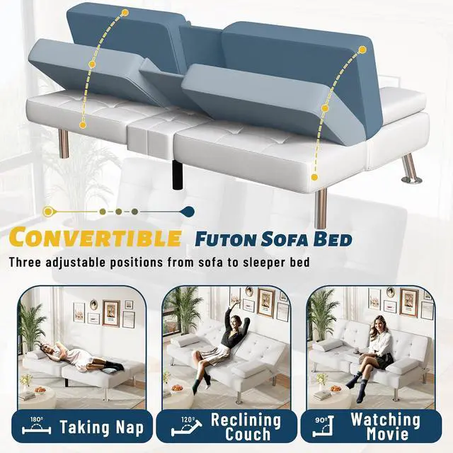 Alt view image 5 of 7 - Futon Sofa Bed Adjustable Futon Couch Sleeper Sofa Bed for Living Room, Business Office, Recliner Sofas with Cup Holders (PU Leather, White)