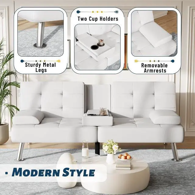 Alt view image 6 of 7 - Futon Sofa Bed Adjustable Futon Couch Sleeper Sofa Bed for Living Room, Business Office, Recliner Sofas with Cup Holders (PU Leather, White)