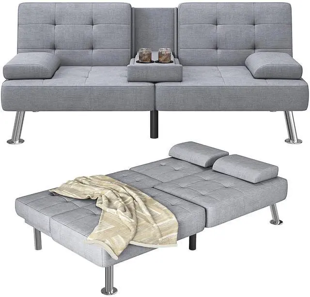 Main image of Futon Sofa Bed Adjustable Futon Couch Sleeper Sofa Bed for Living Room, Business Office, Recliner Sofas with Cup Holders (Fabric, Light Gray)