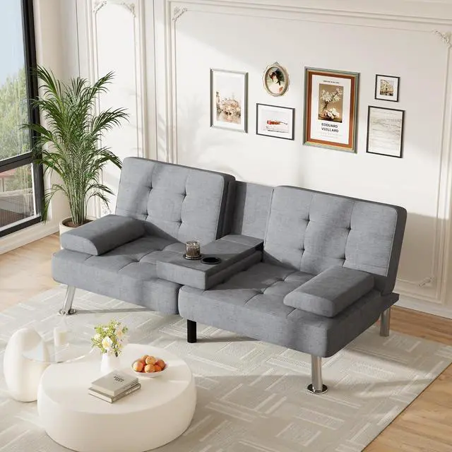 Alt view image 2 of 7 - Futon Sofa Bed Adjustable Futon Couch Sleeper Sofa Bed for Living Room, Business Office, Recliner Sofas with Cup Holders (Fabric, Light Gray)