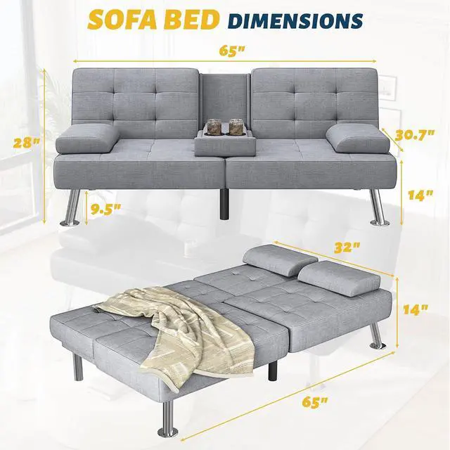 Alt view image 3 of 7 - Futon Sofa Bed Adjustable Futon Couch Sleeper Sofa Bed for Living Room, Business Office, Recliner Sofas with Cup Holders (Fabric, Light Gray)