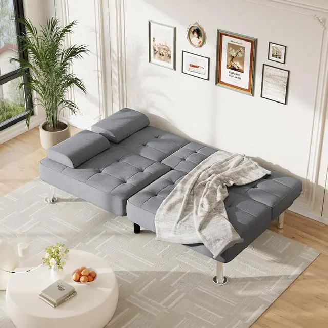 Alt view image 4 of 7 - Futon Sofa Bed Adjustable Futon Couch Sleeper Sofa Bed for Living Room, Business Office, Recliner Sofas with Cup Holders (Fabric, Light Gray)