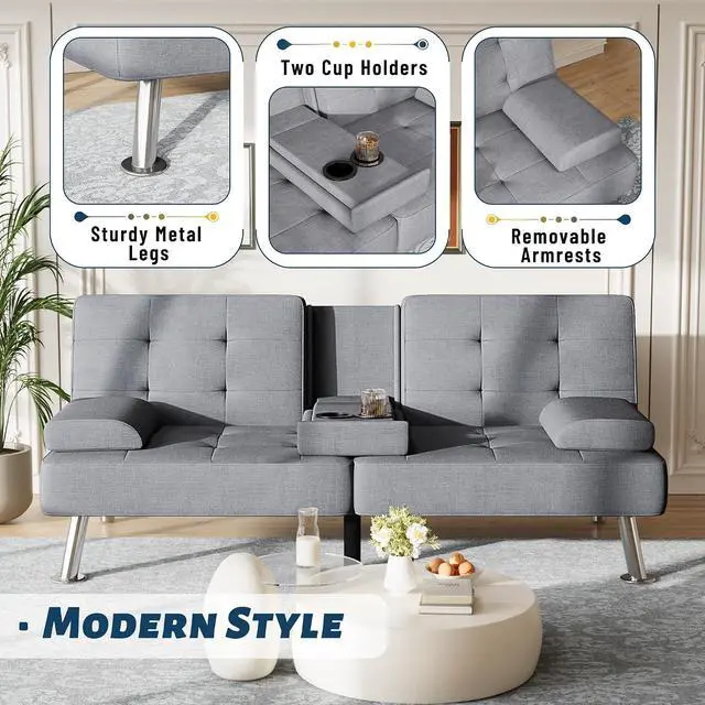 Alt view image 6 of 7 - Futon Sofa Bed Adjustable Futon Couch Sleeper Sofa Bed for Living Room, Business Office, Recliner Sofas with Cup Holders (Fabric, Light Gray)