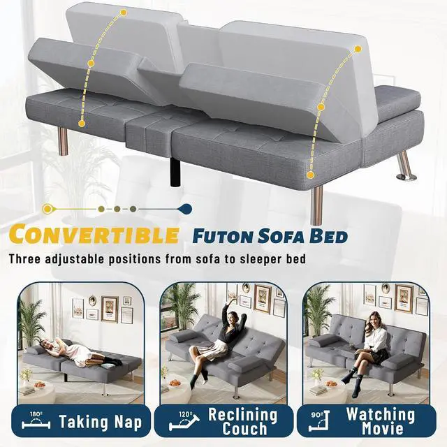 Alt view image 5 of 7 - Futon Sofa Bed Adjustable Futon Couch Sleeper Sofa Bed for Living Room, Business Office, Recliner Sofas with Cup Holders (Fabric, Light Gray)