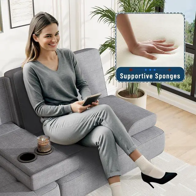 Alt view image 7 of 7 - Futon Sofa Bed Adjustable Futon Couch Sleeper Sofa Bed for Living Room, Business Office, Recliner Sofas with Cup Holders (Fabric, Light Gray)