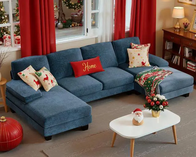 Main image of Sectional Couches for Living Room, U-Shaped Sofa Couch with Linen Fabric, 4 Seat Sofa Set with Double Chaise for Apartment (Fabric, Blue)