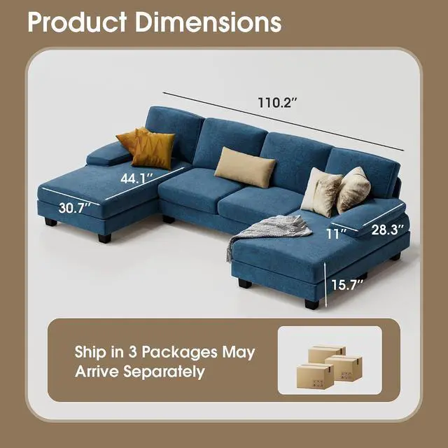 Alt view image 2 of 7 - Sectional Couches for Living Room, U-Shaped Sofa Couch with Linen Fabric, 4 Seat Sofa Set with Double Chaise for Apartment (Fabric, Blue)