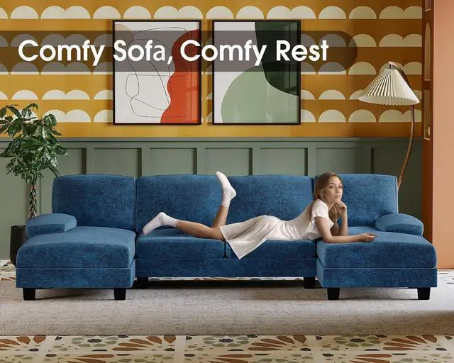 Alt view image 4 of 7 - Sectional Couches for Living Room, U-Shaped Sofa Couch with Linen Fabric, 4 Seat Sofa Set with Double Chaise for Apartment (Fabric, Blue)