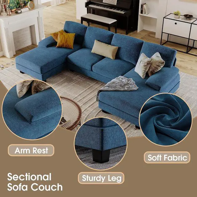 Alt view image 5 of 7 - Sectional Couches for Living Room, U-Shaped Sofa Couch with Linen Fabric, 4 Seat Sofa Set with Double Chaise for Apartment (Fabric, Blue)